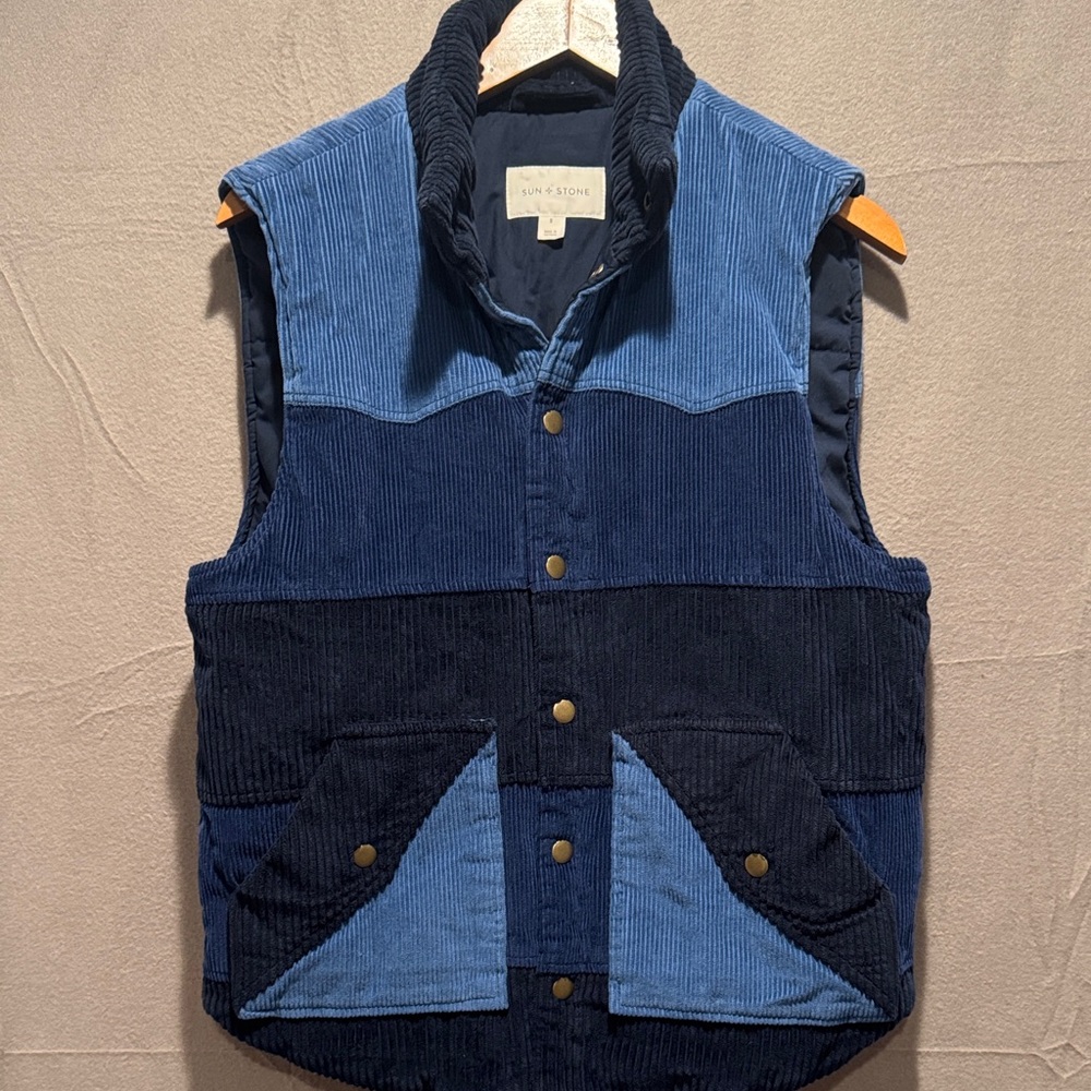 Sun + Stone Two-Tone Blue Corduroy Vest